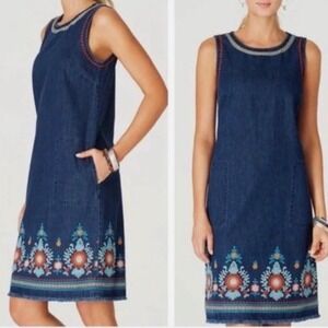 J.Jill Malibu Denim Sleeveless Overall Shift Dress Floral Embroidery Fringe XL